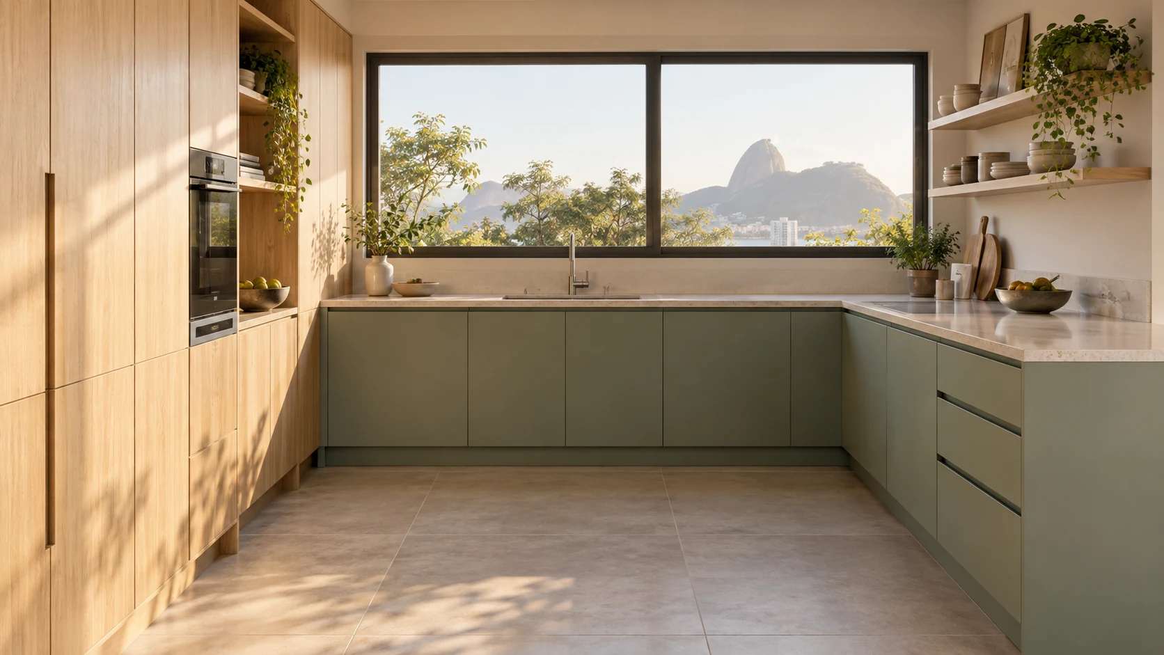 Cozinha contemporânea com armários verde-sálvia, torre em carvalho claro e bancada sob uma ampla janela