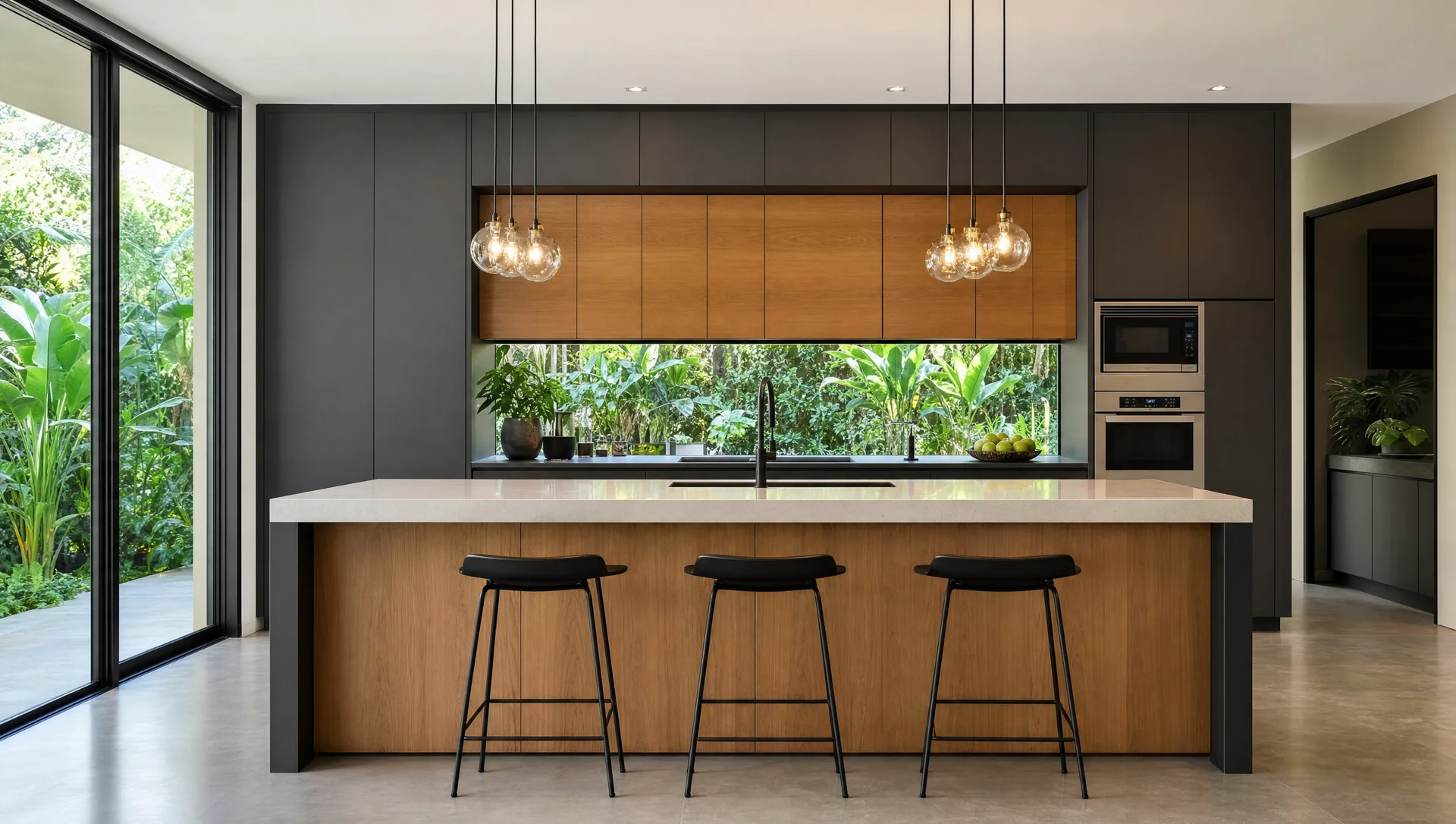 Visualização ilustrativa da cozinha com materiais e iluminação