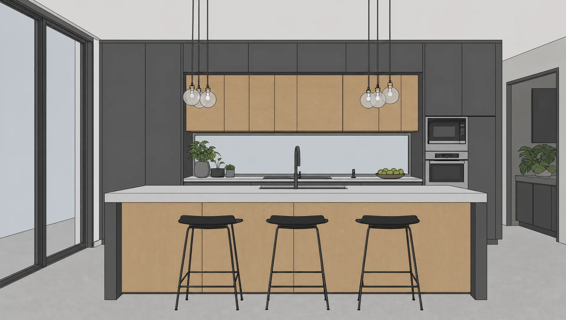 Estudo visual da mesma cozinha antes da apresentação de materiais