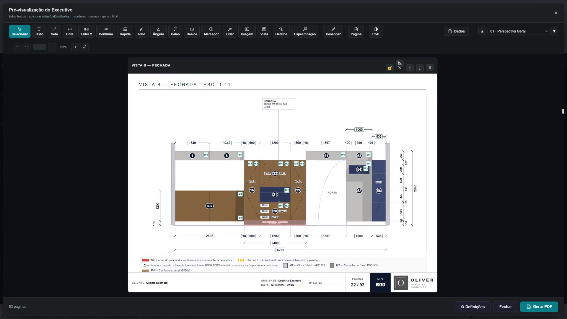 Interface real do executivo Ardus, com vista de um projeto de cozinha, cotas e anotações